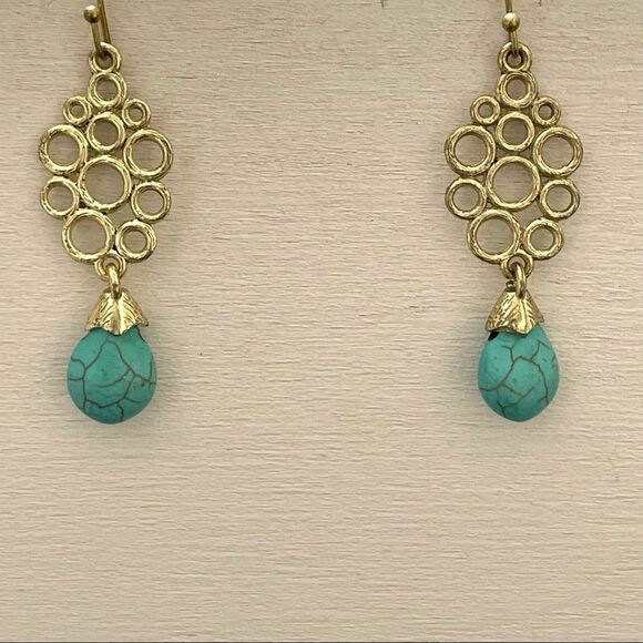 Gold tone faux turquoise fish hook earrings - Picture 5 of 8